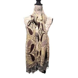 Pashmina Paisley Scarf Shawl Wrap Neutrals Fringe BOHO Preppy Coastal 26 x 74"